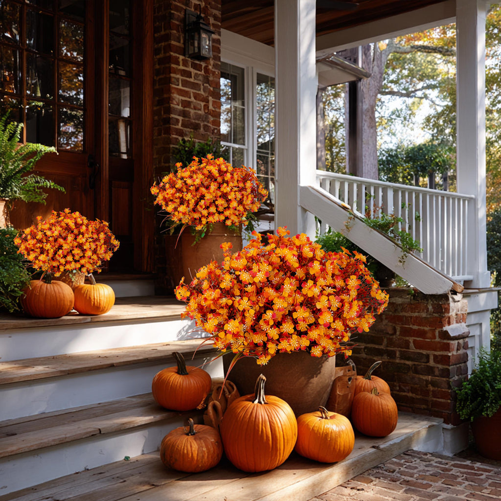 Artificial Mums Flowers: UV Resistant Outdoor Fall Decor - Orange & Green