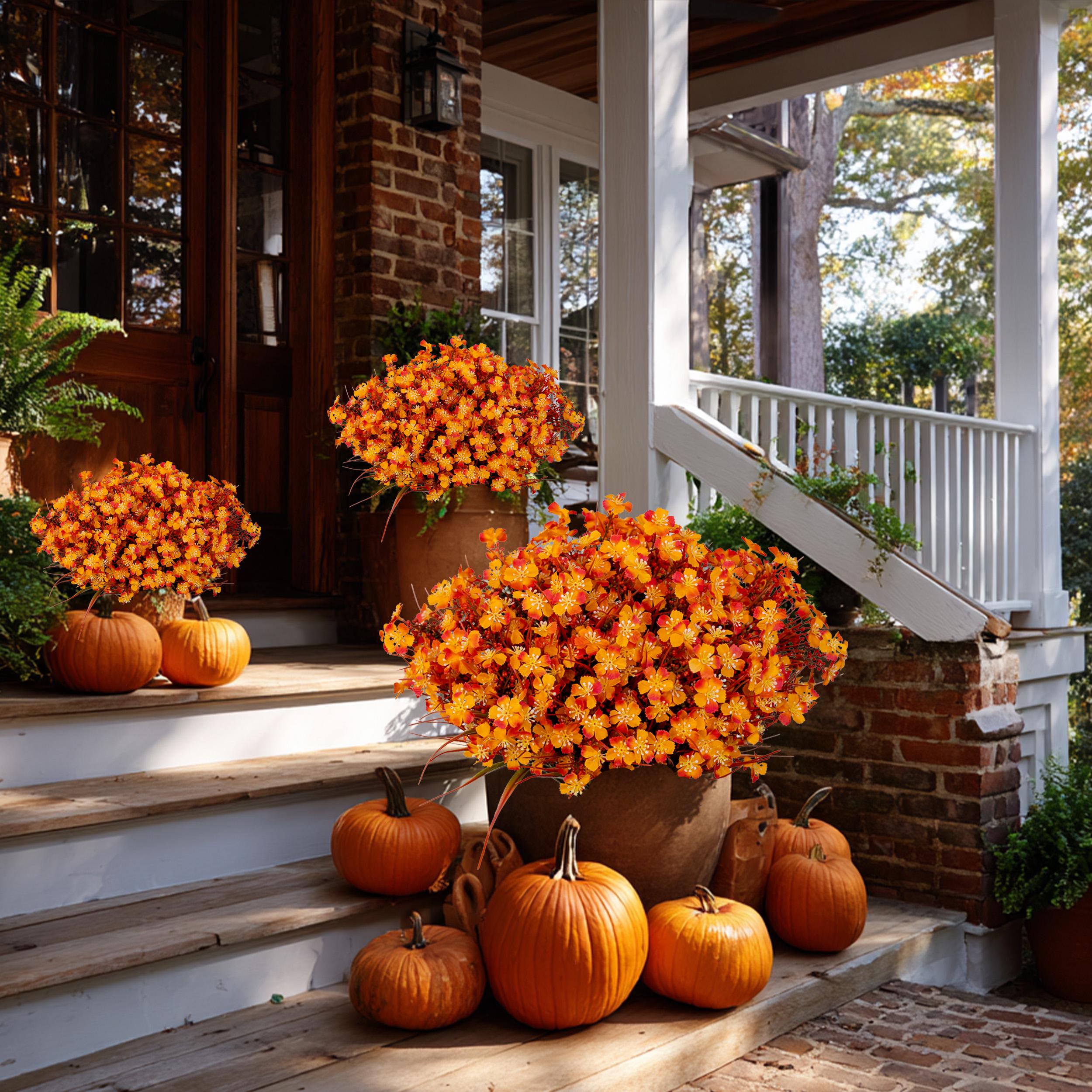 Artificial Mums Flowers: UV Resistant Outdoor Fall Decor - Orange & Green
