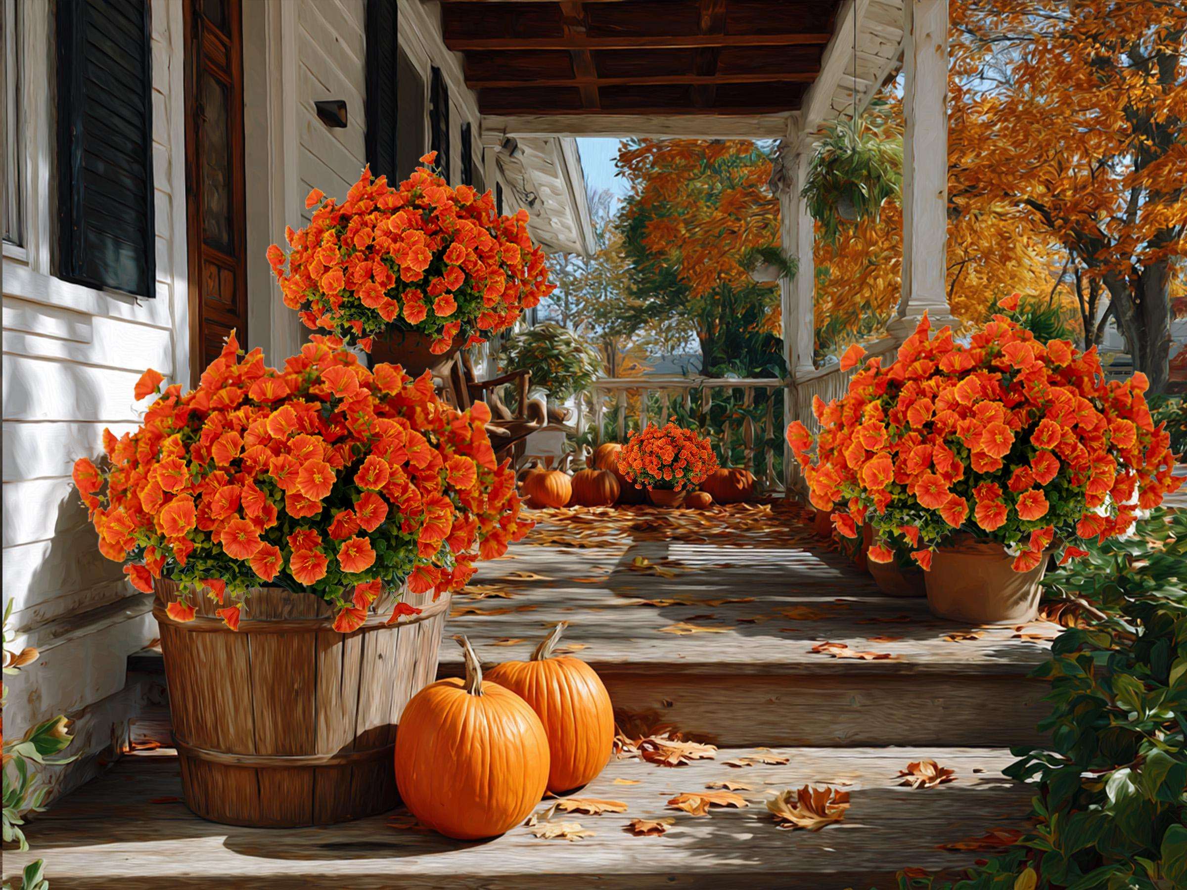 Artificial Mums Flowers: UV Resistant Outdoor Fall Decor - Orange Yellow
