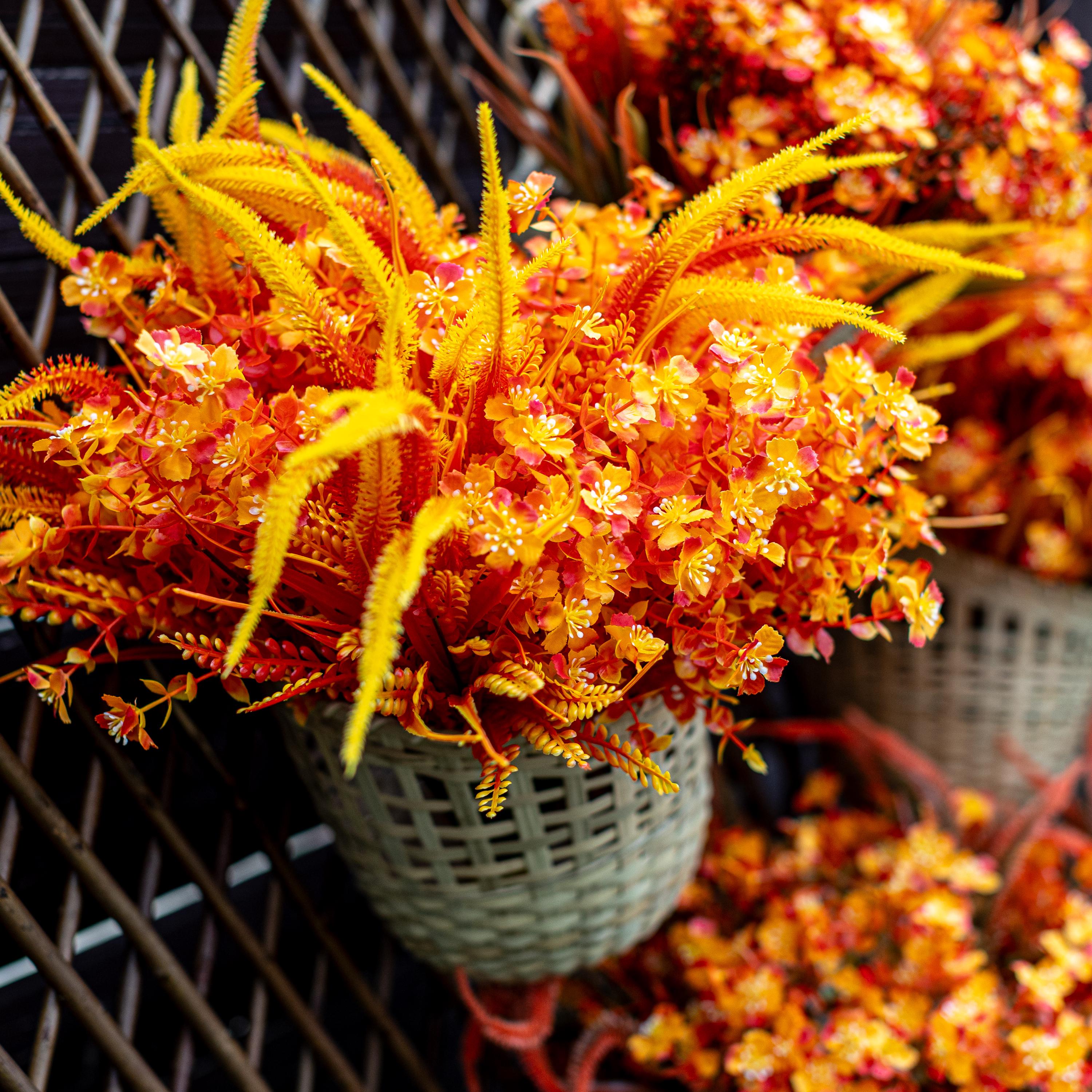 Artificial Mums Flowers: 16 Bundles Orange Yellow Fall Decor