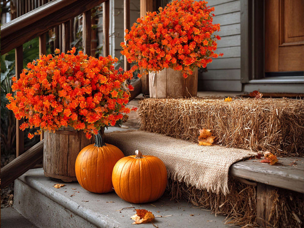 UV Resistant Artificial Mums: Orange & Green Outdoor Fake Flowers