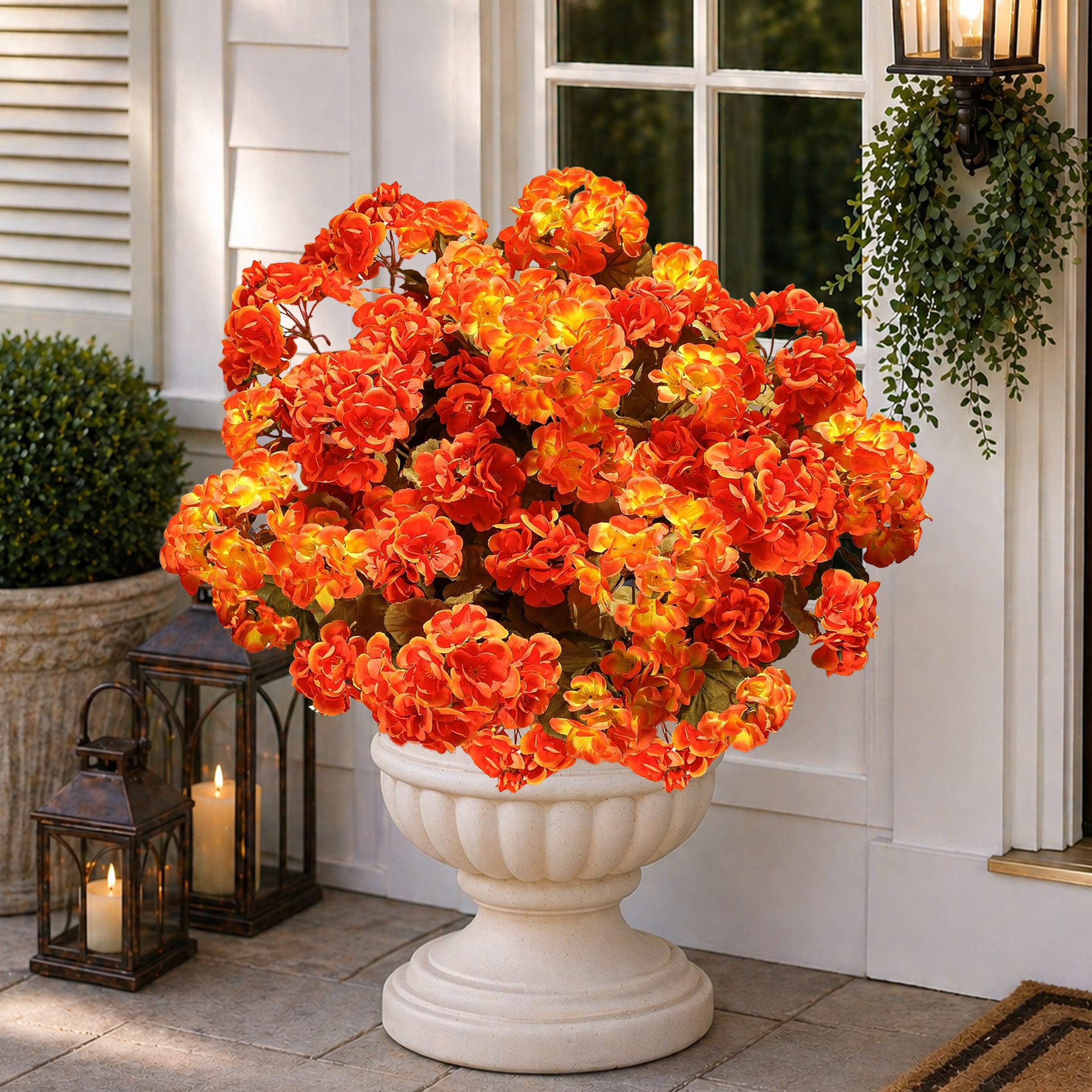 AXYLEX Artificial Geraniums for Outdoors, Fall Orange Yellow Mix 8 bundles UV resistant silk fall geraniums & mums, no fade – porch, patio, window box, garden & home autumn decor