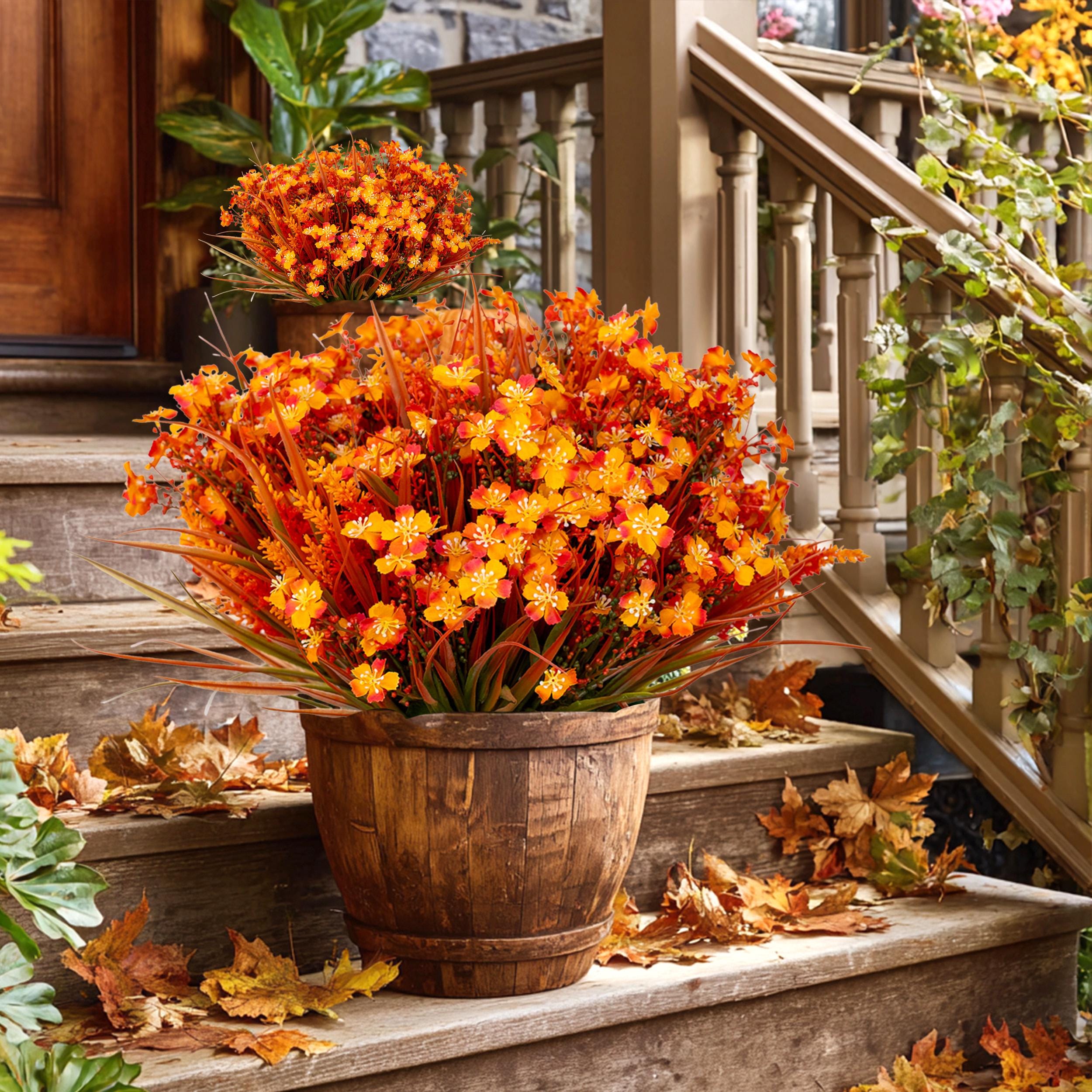 Artificial Mums Flowers: UV Resistant Orange Fall Decor, 16 Bundles