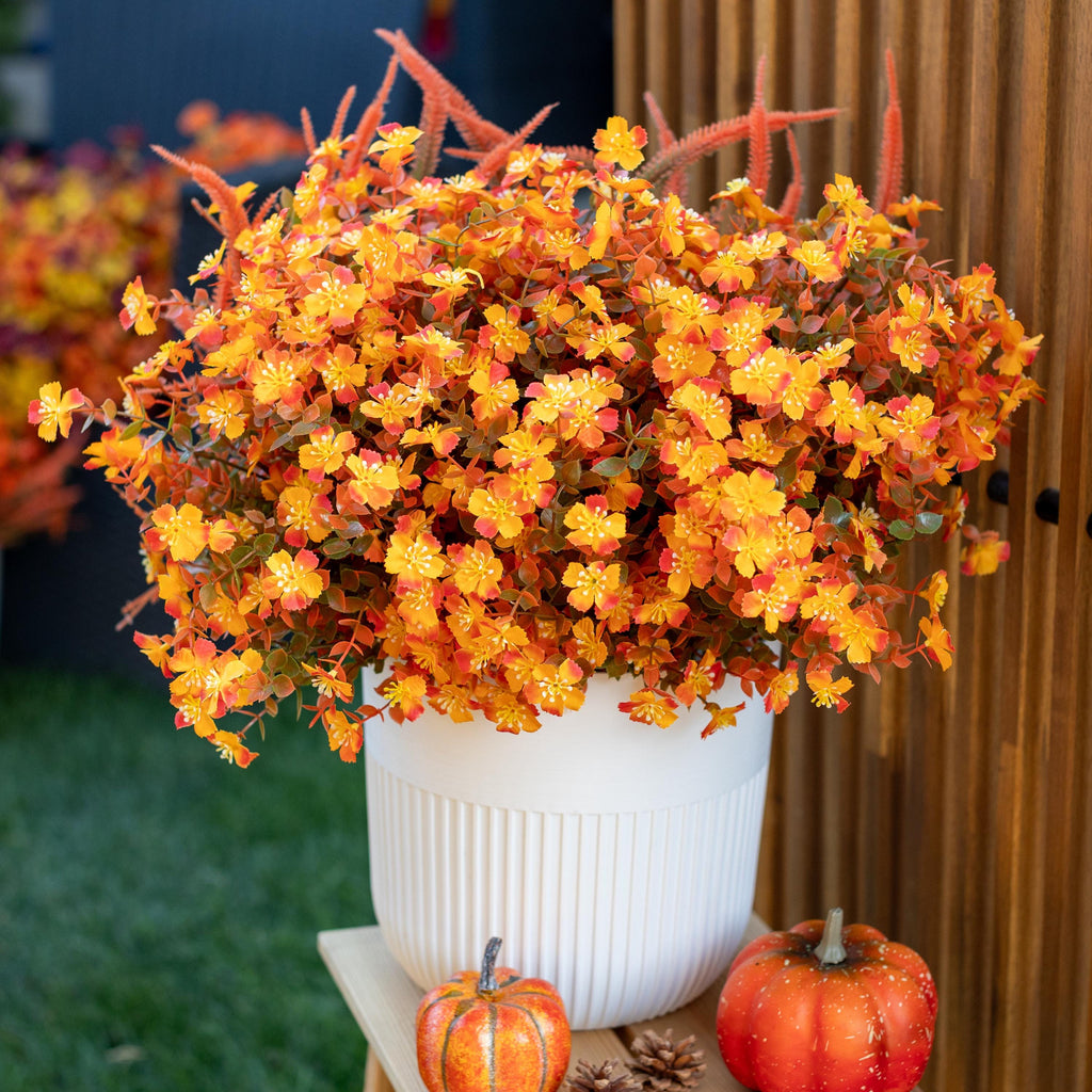Artificial Mums Flowers: UV Resistant Outdoor Fall Decor - Orange & Green