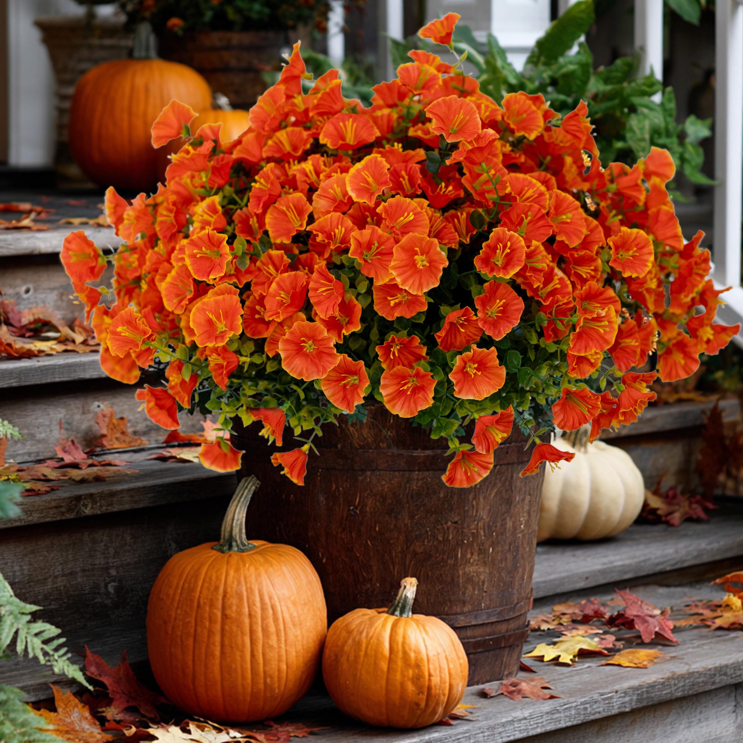 Artificial Mums Flowers: UV Resistant Outdoor Fall Decor - Orange Yellow