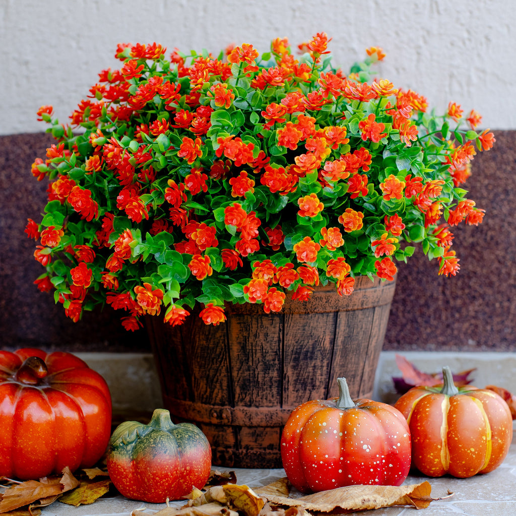 Artificial Mums Flowers: UV Resistant Orange Faux Shrubs