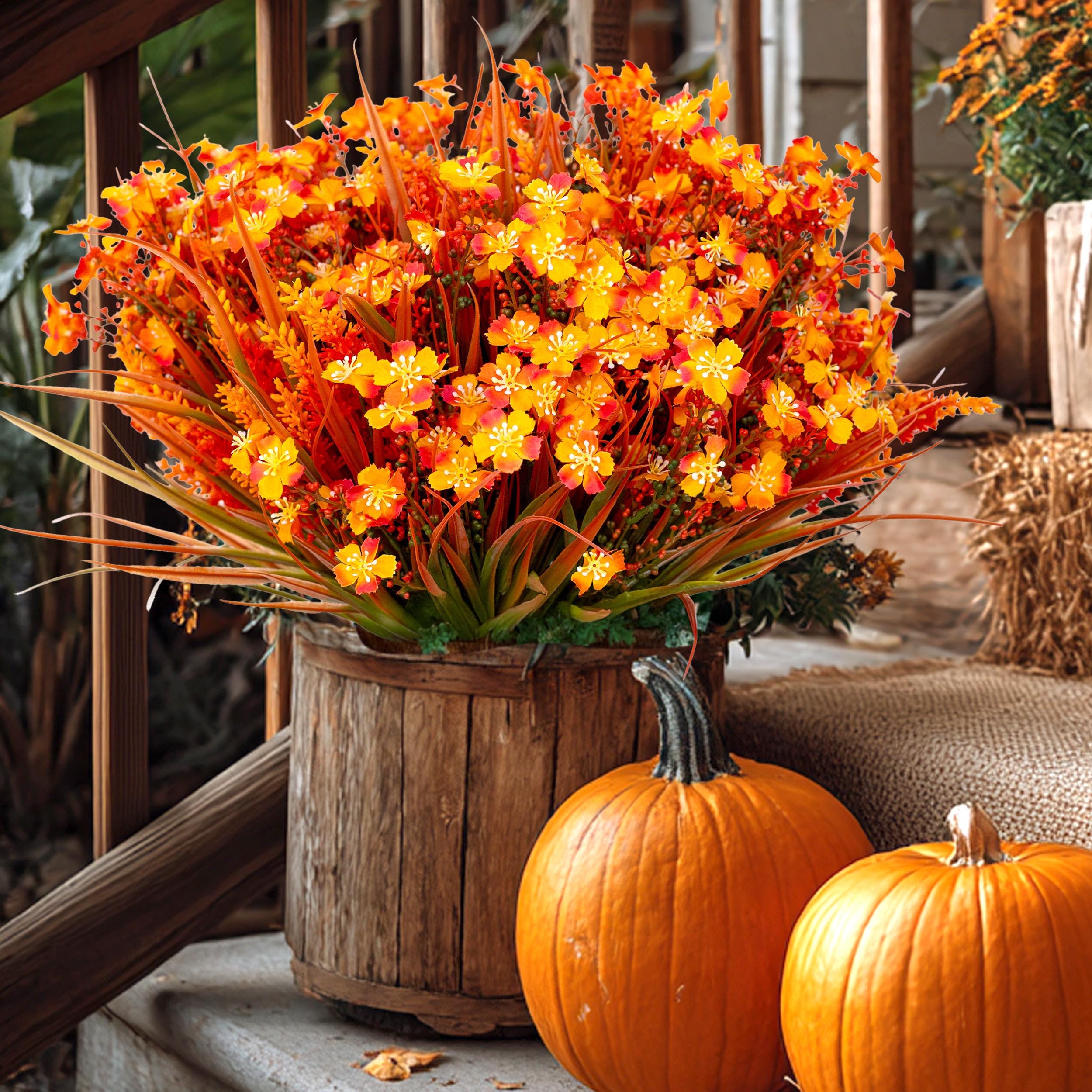 Artificial Mums Flowers: UV Resistant Orange Fall Decor, 16 Bundles