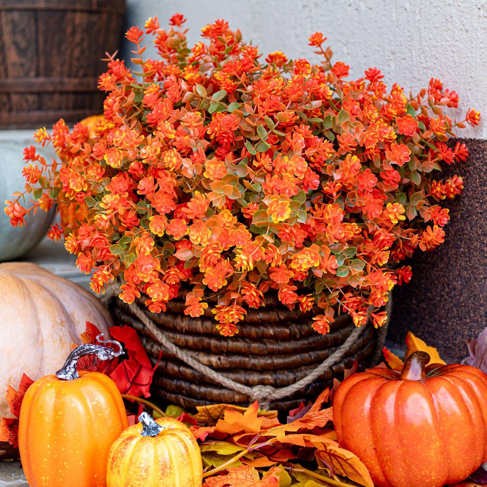 UV Resistant Artificial Mums: Orange & Green Outdoor Fake Flowers