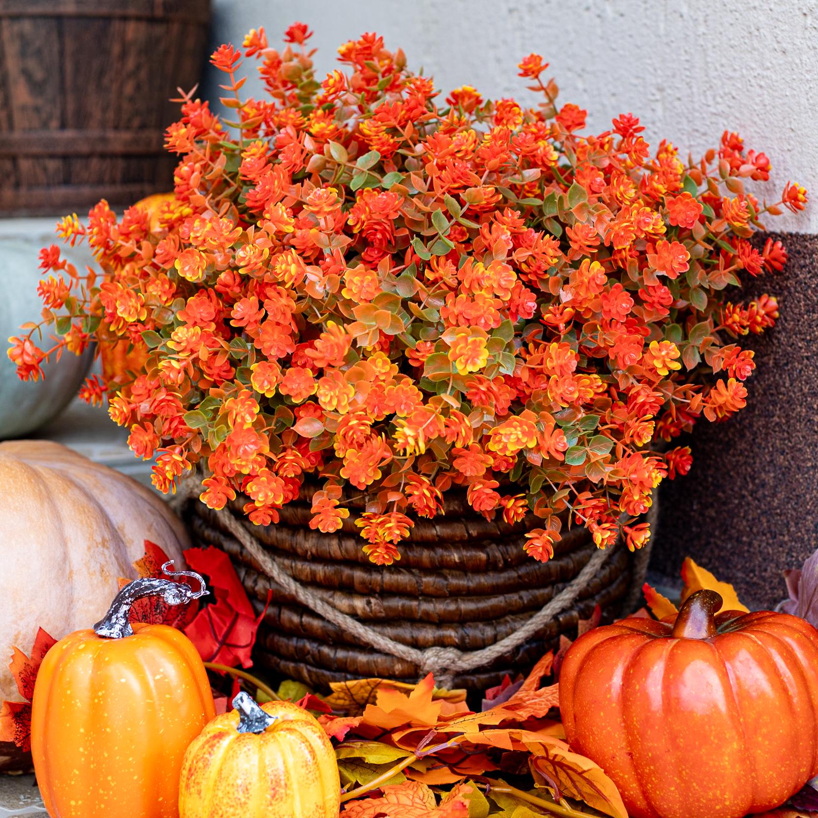 UV Resistant Artificial Mums: Orange & Green Outdoor Fake Flowers