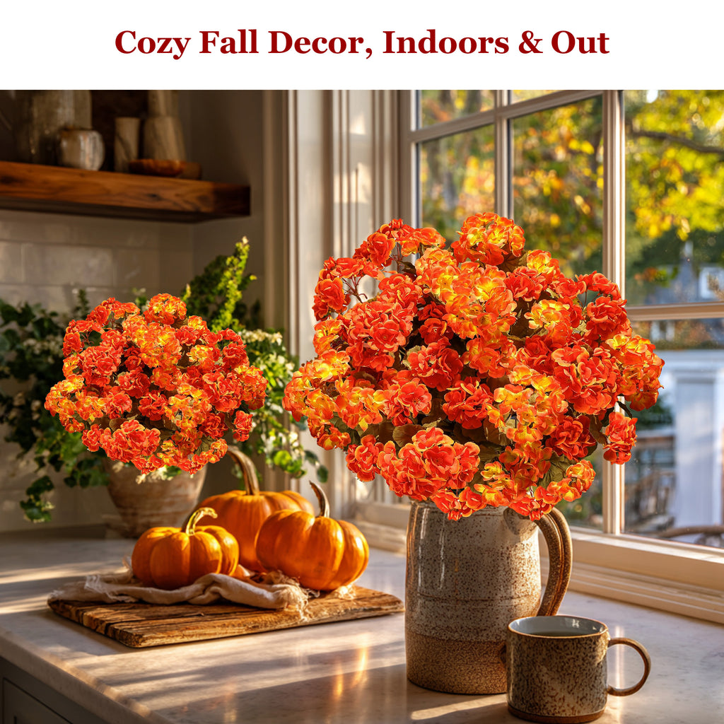 AXYLEX Artificial Geraniums for Outdoors, Fall Orange Yellow Mix 8 bundles UV resistant silk fall geraniums & mums, no fade – porch, patio, window box, garden & home autumn decor