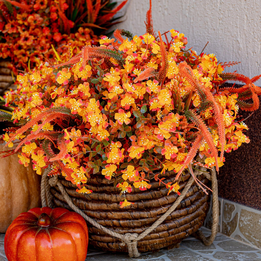 Artificial Mums Flowers: UV Resistant Outdoor Fall Decor - Orange & Green