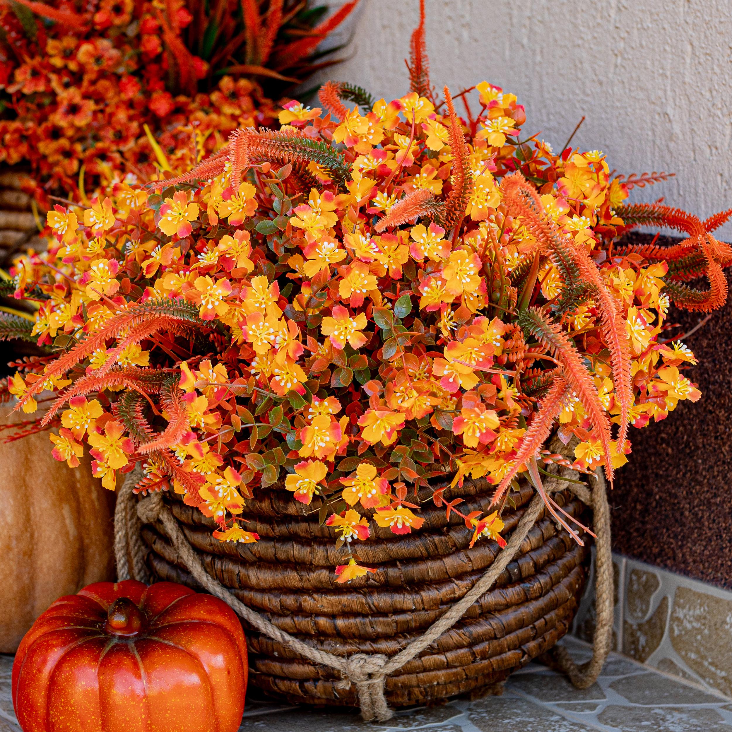 Artificial Mums Flowers: UV Resistant Outdoor Fall Decor - Orange & Green