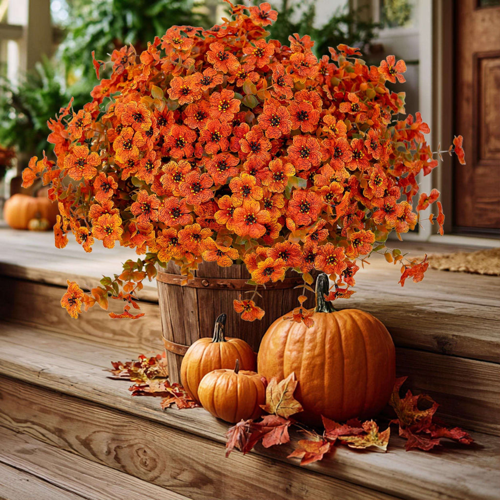 Artificial Mums Flowers: UV Resistant Outdoor Fall Decor - Green & Orange