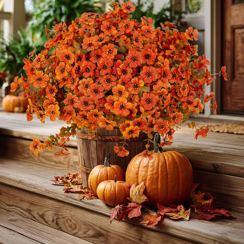 Artificial Mums Flowers: UV Resistant Outdoor Fall Decor - Green & Orange
