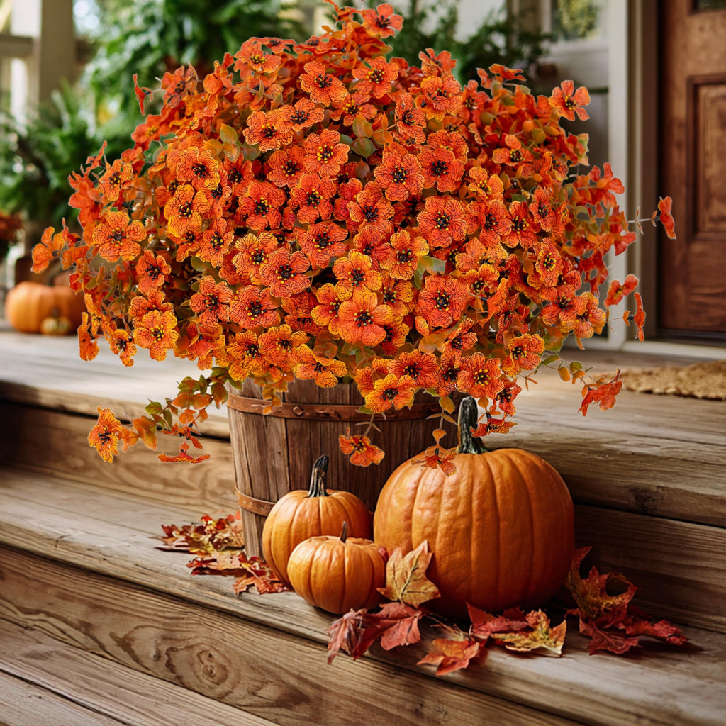Artificial Mums Flowers: UV Resistant Outdoor Fall Decor - Green & Orange