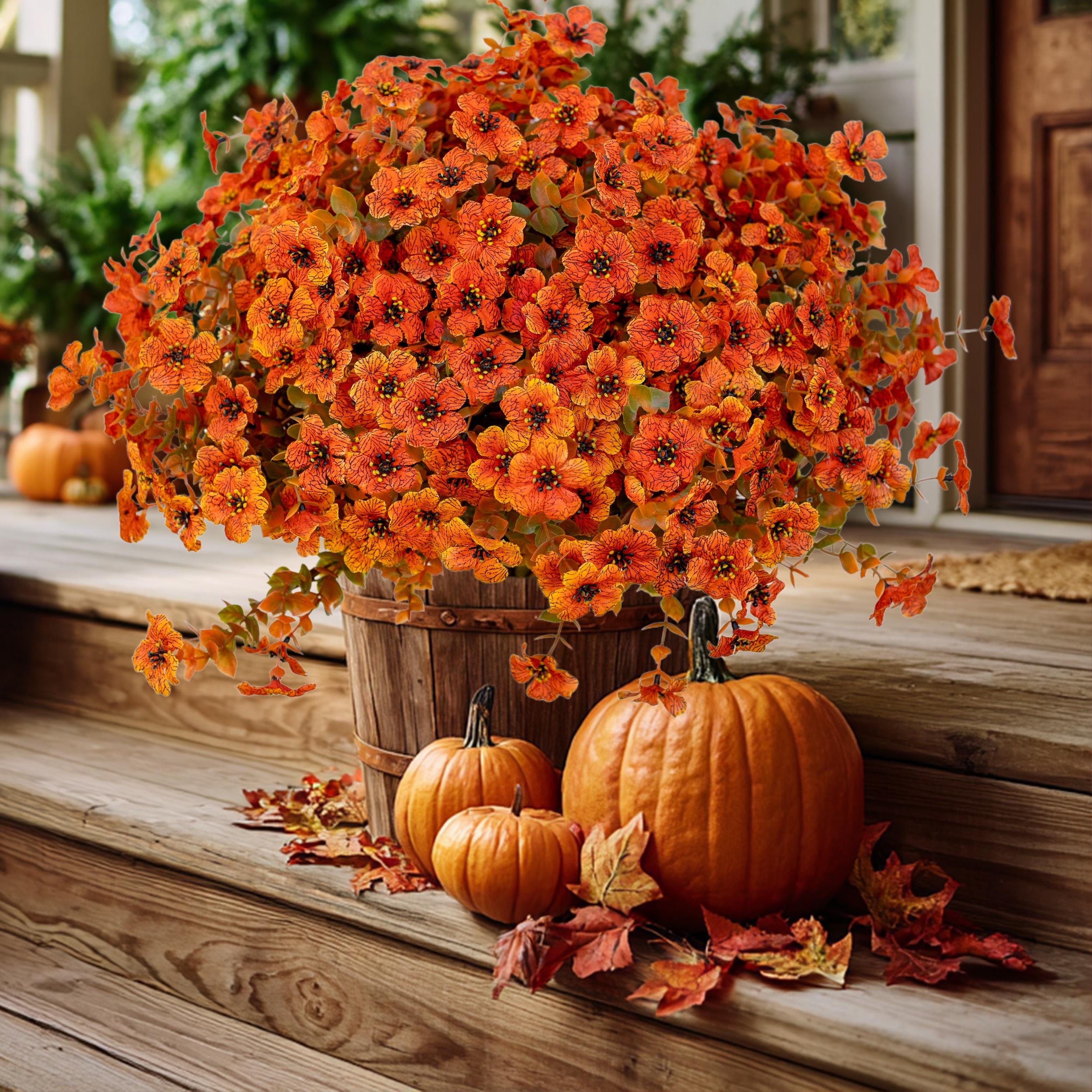 Artificial Mums Flowers: UV Resistant Outdoor Fall Decor - Green & Orange