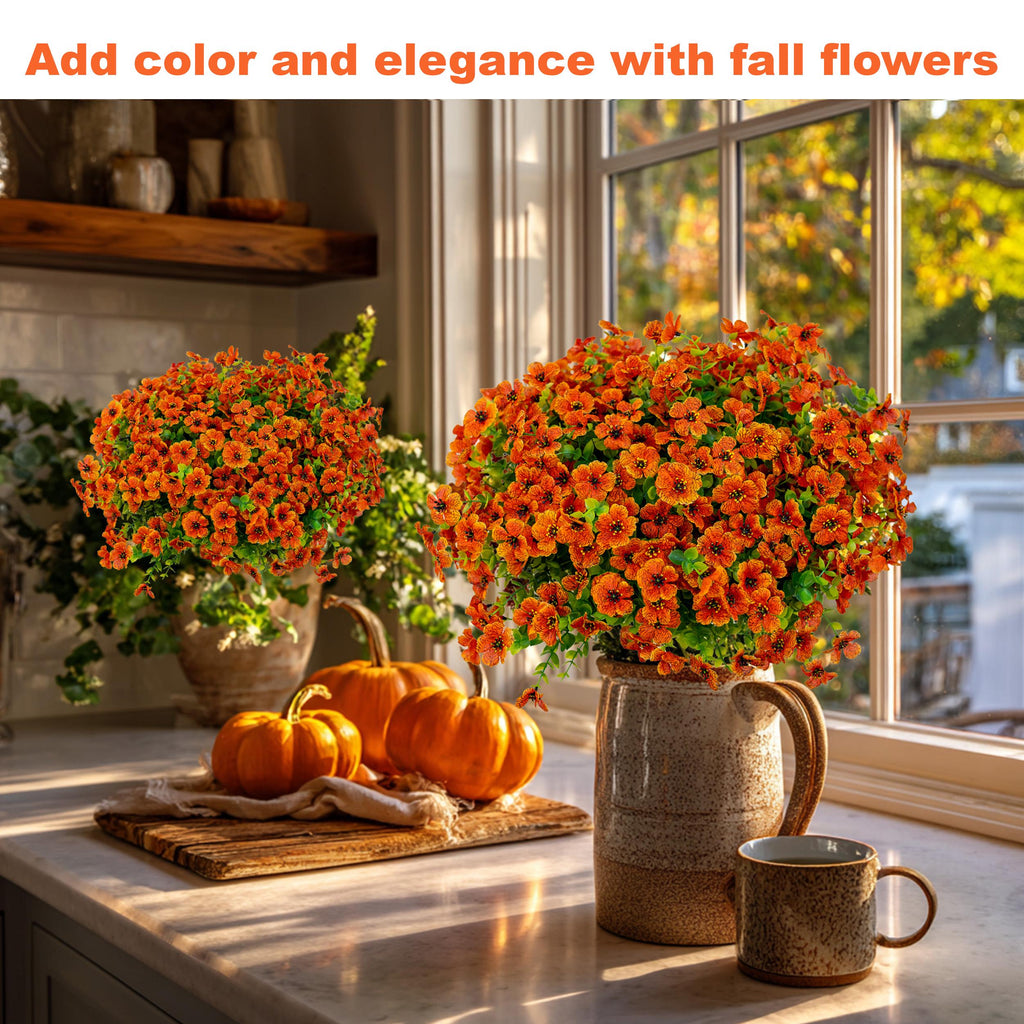 Artificial Mums Flowers: UV Resistant Red-Orange Fall Decor