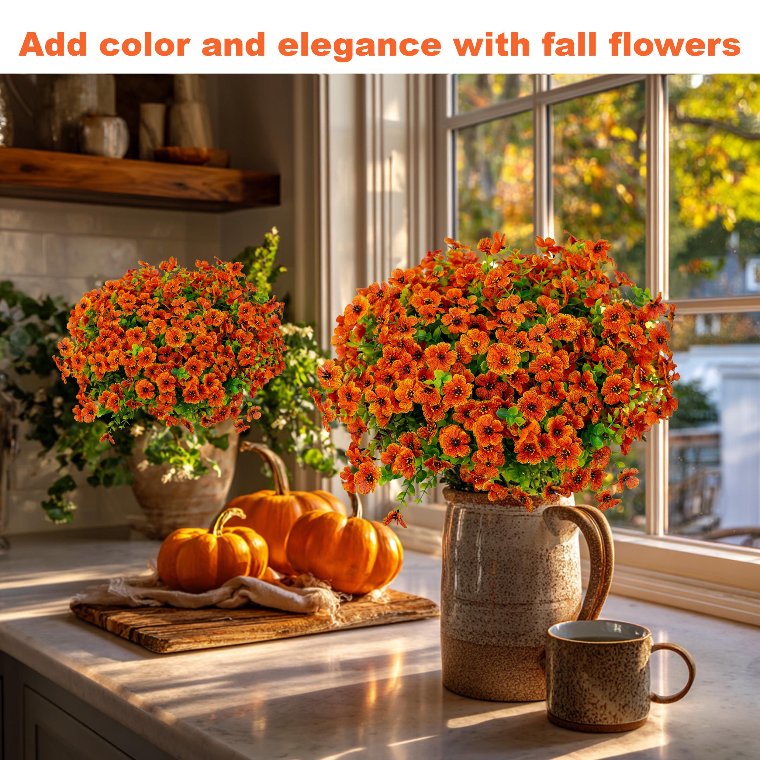 Artificial Mums Flowers: UV Resistant Red-Orange Fall Decor