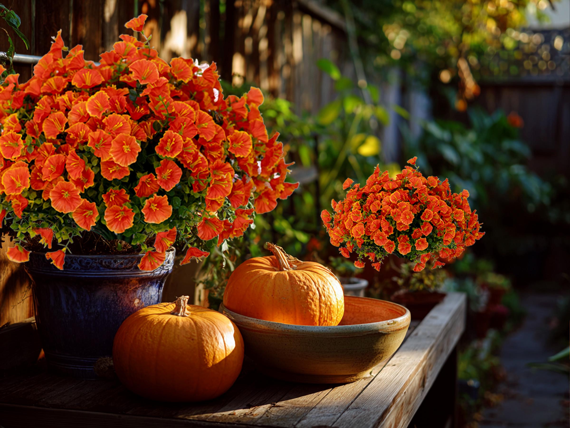 Artificial Mums Flowers: UV Resistant Outdoor Fall Decor - Orange Yellow