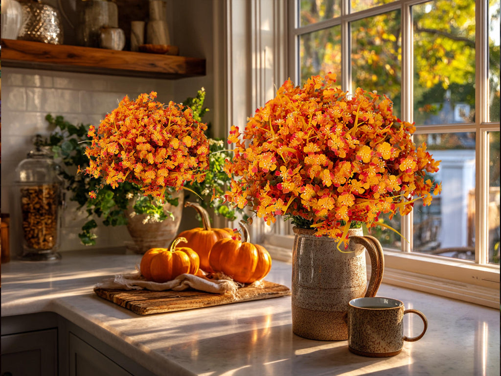 Artificial Mums Flowers: UV Resistant Orange Mixed Fall Decor - 12 Bundles
