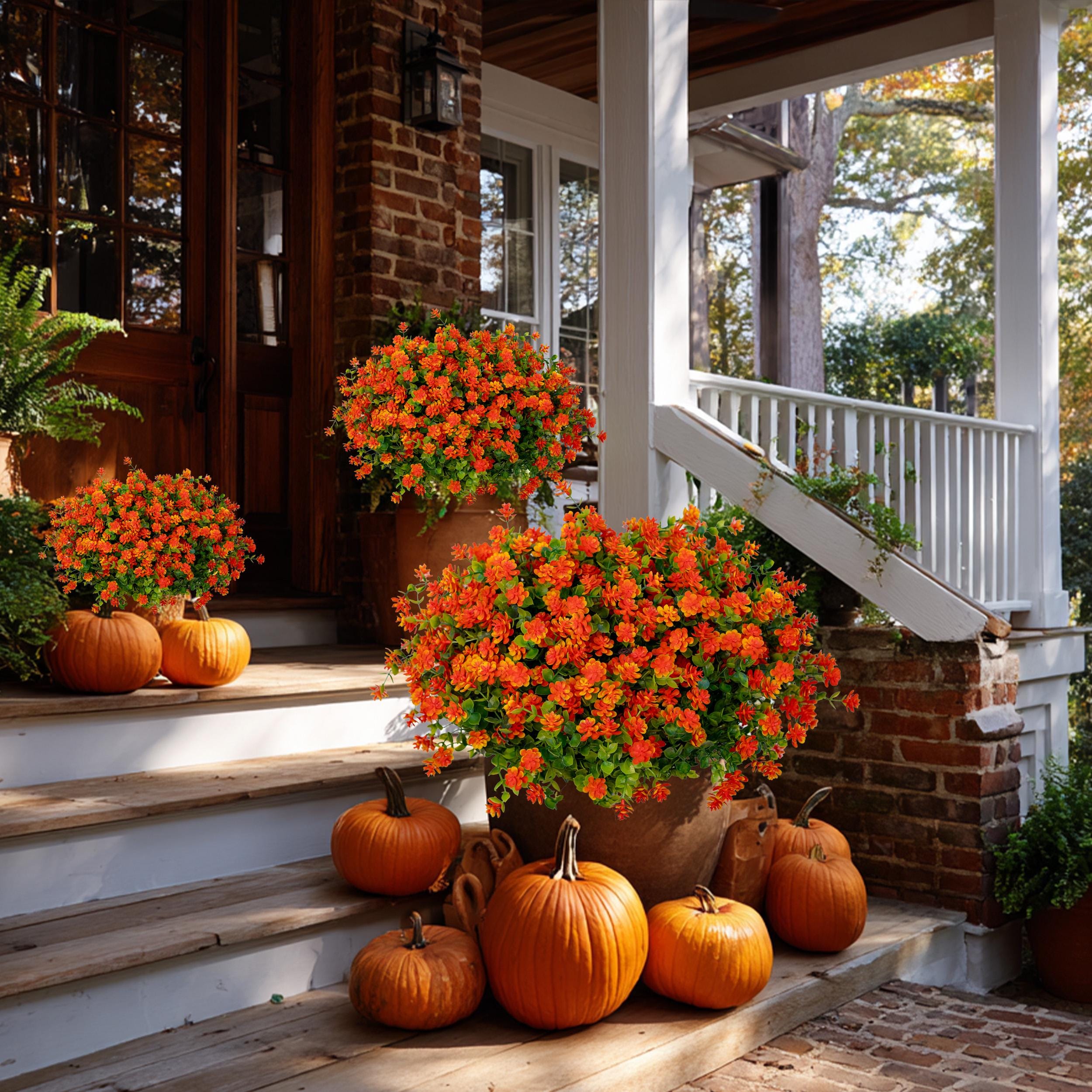 Artificial Mums Flowers: UV Resistant Orange Faux Shrubs