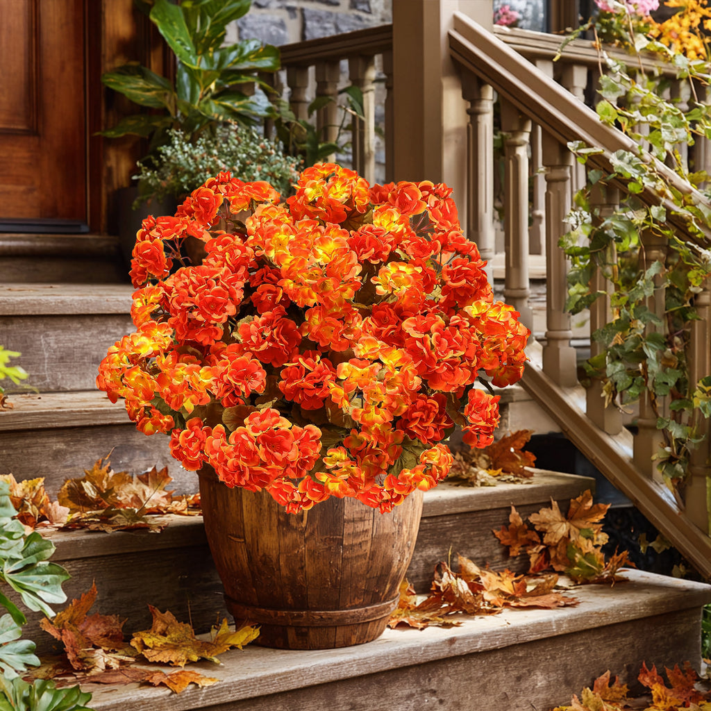 AXYLEX Artificial Geraniums for Outdoors, Fall Orange Yellow Mix 8 bundles UV resistant silk fall geraniums & mums, no fade – porch, patio, window box, garden & home autumn decor