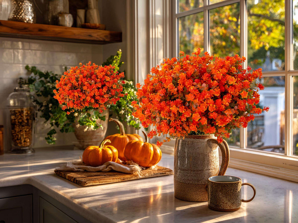 UV Resistant Artificial Mums: Outdoor Fake Flowers, Green & Orange