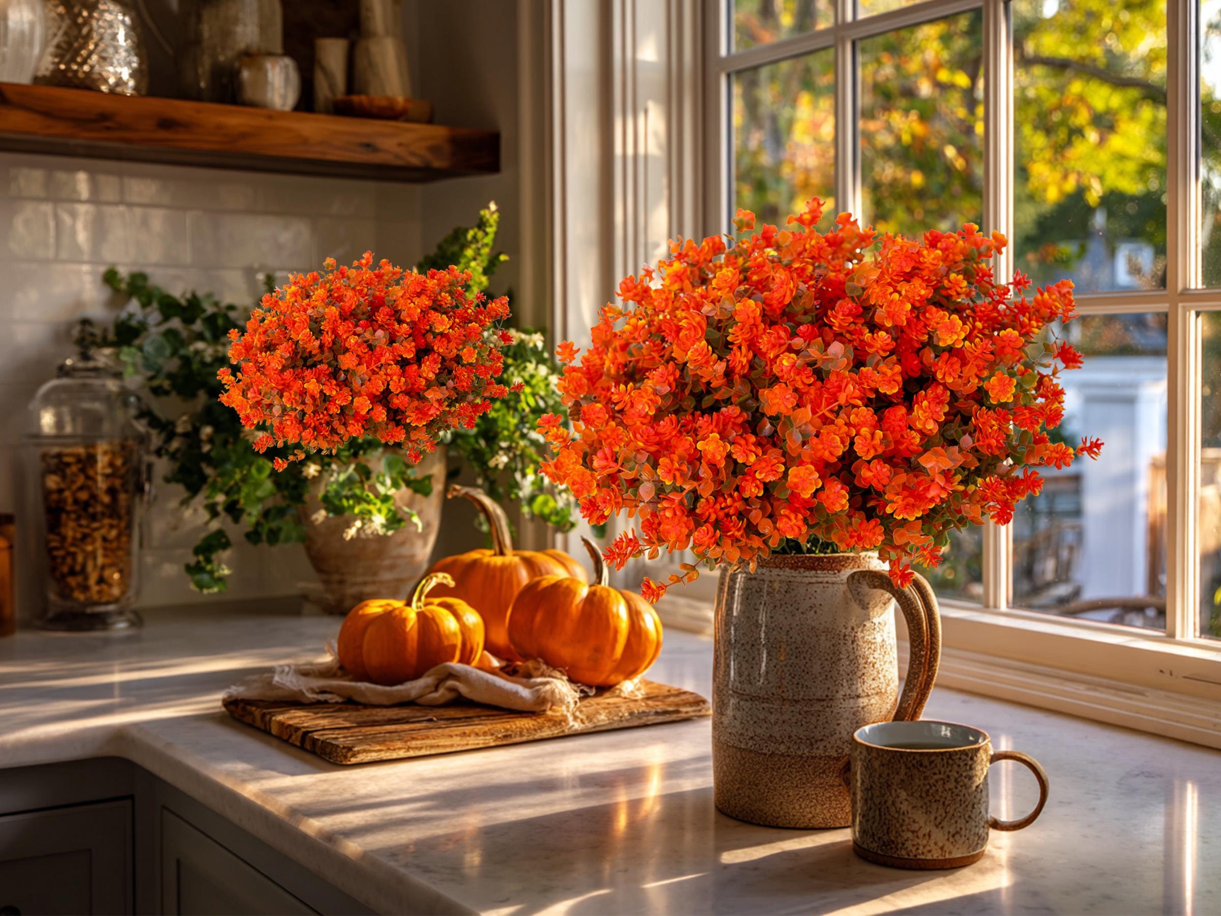 UV Resistant Artificial Mums: Outdoor Fake Flowers, Green & Orange