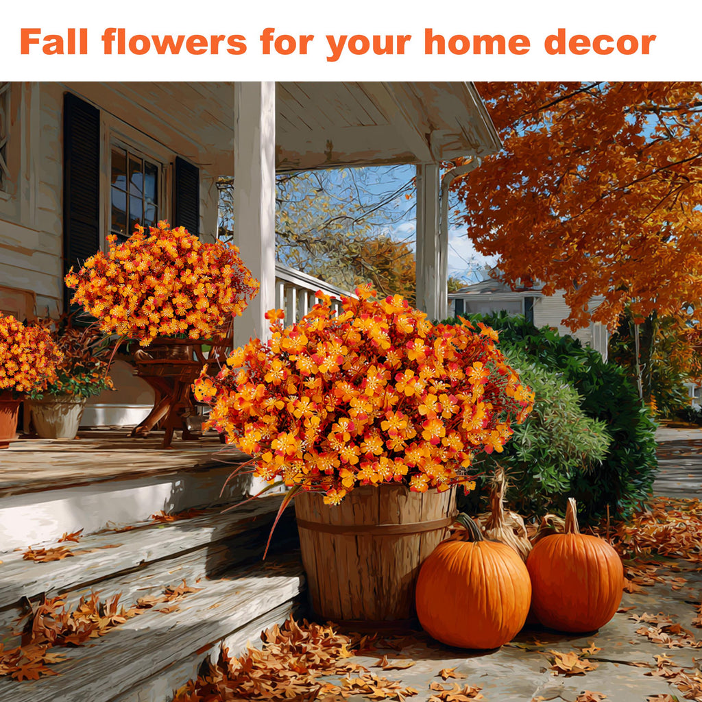 Artificial Mums Flowers: UV Resistant Outdoor Fall Decor - Orange & Green