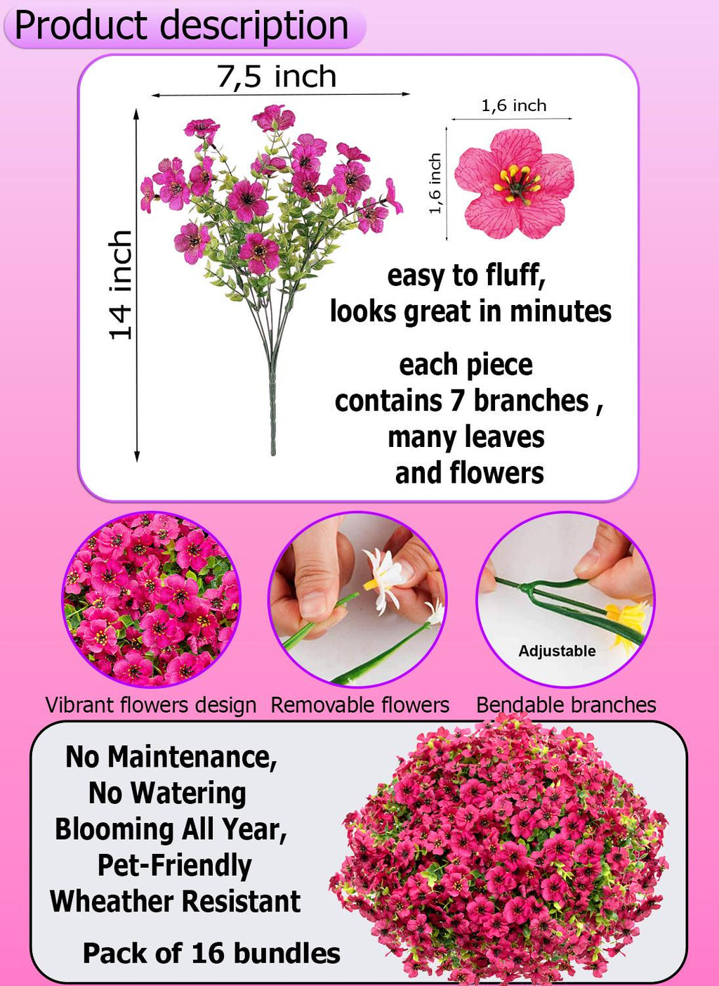 UV Resistant Red Pink Artificial Flowers: Outdoor Home Decor