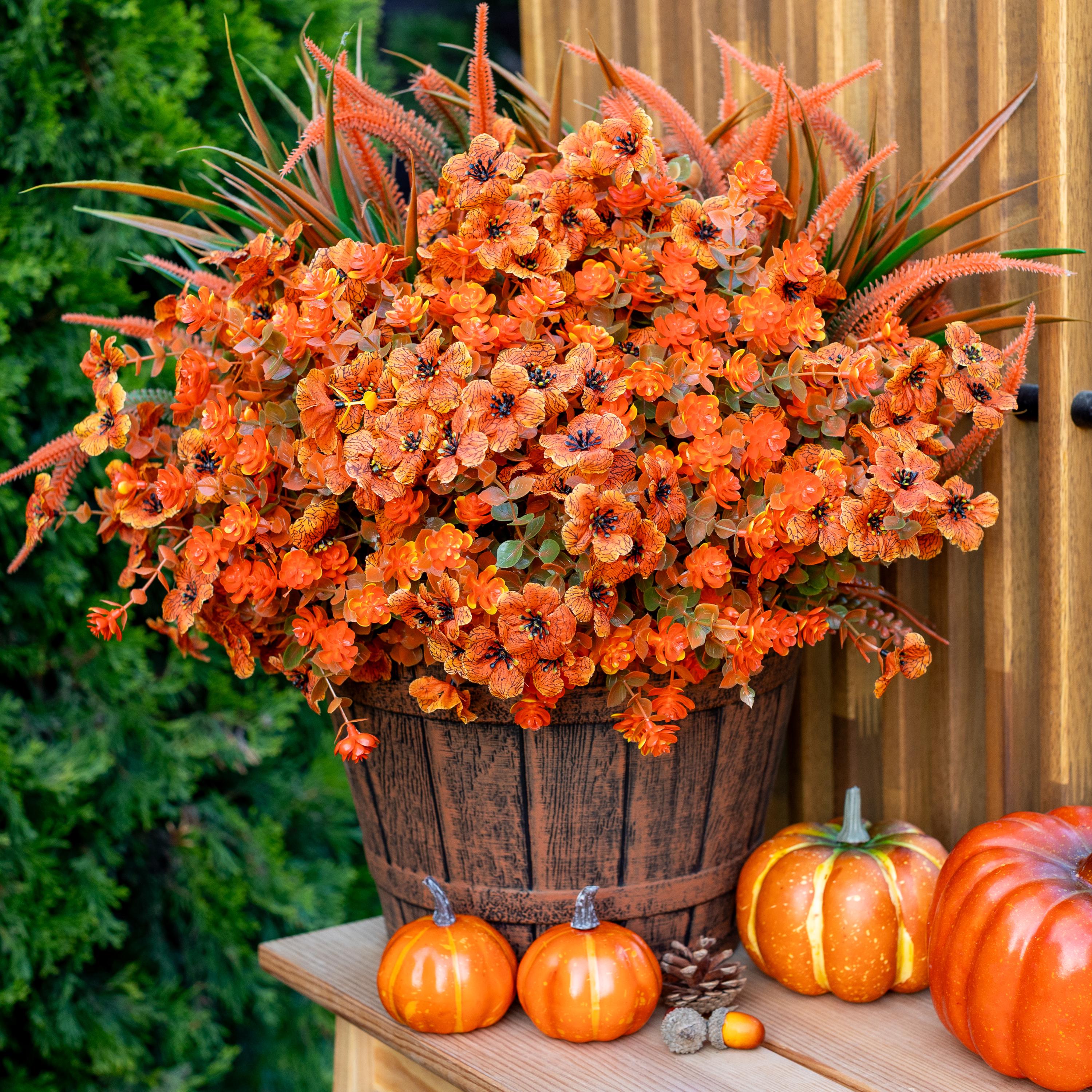 Artificial Mums Flowers: UV Resistant Outdoor Fall Decor - Orange & Green