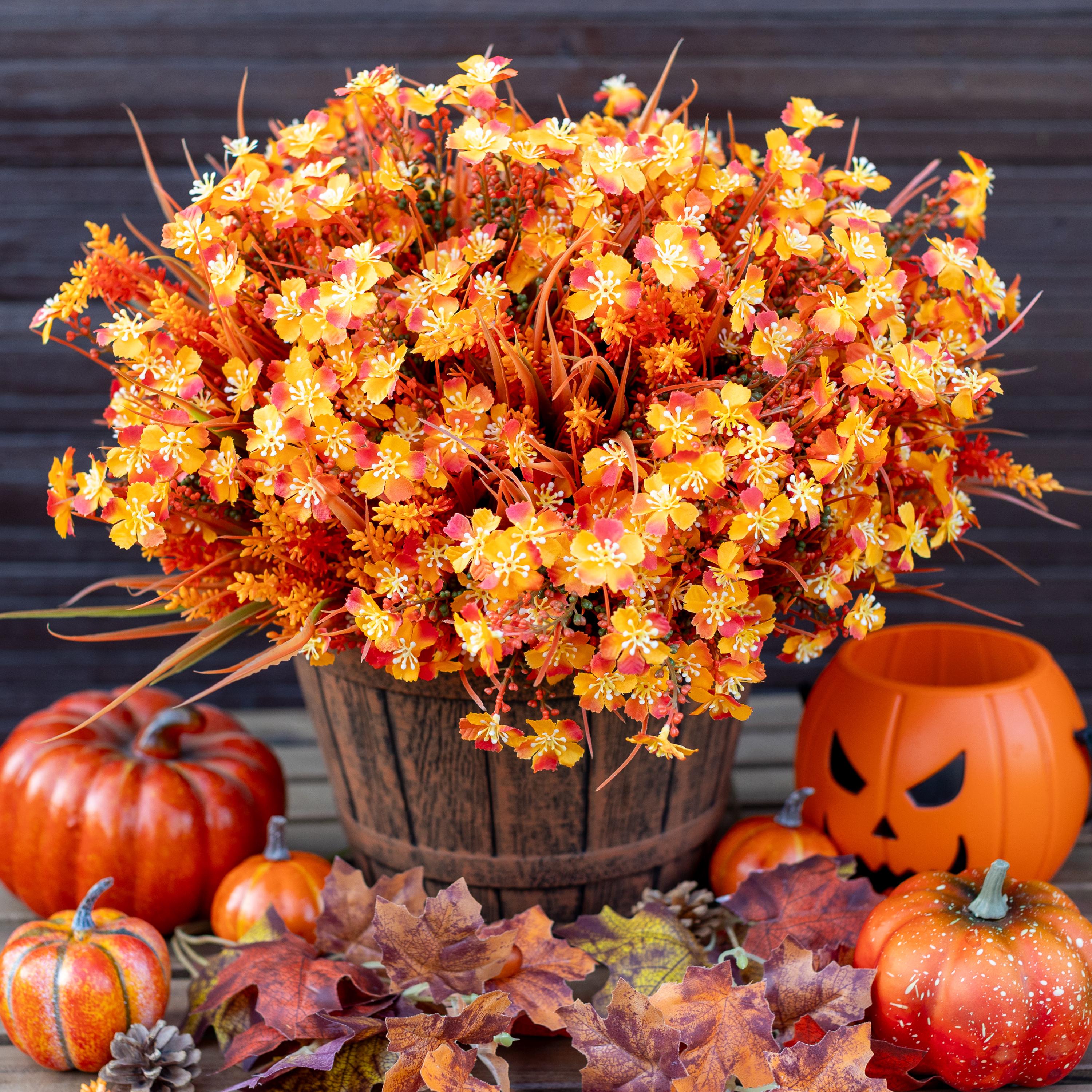Artificial Mums Flowers: UV Resistant Orange Fall Decor, 16 Bundles