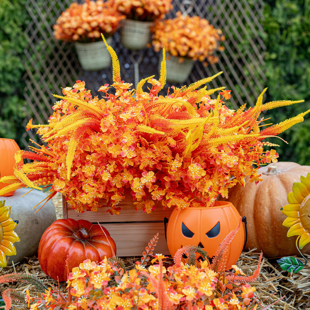 Artificial Mums Flowers: 16 Bundles Orange Yellow Fall Decor