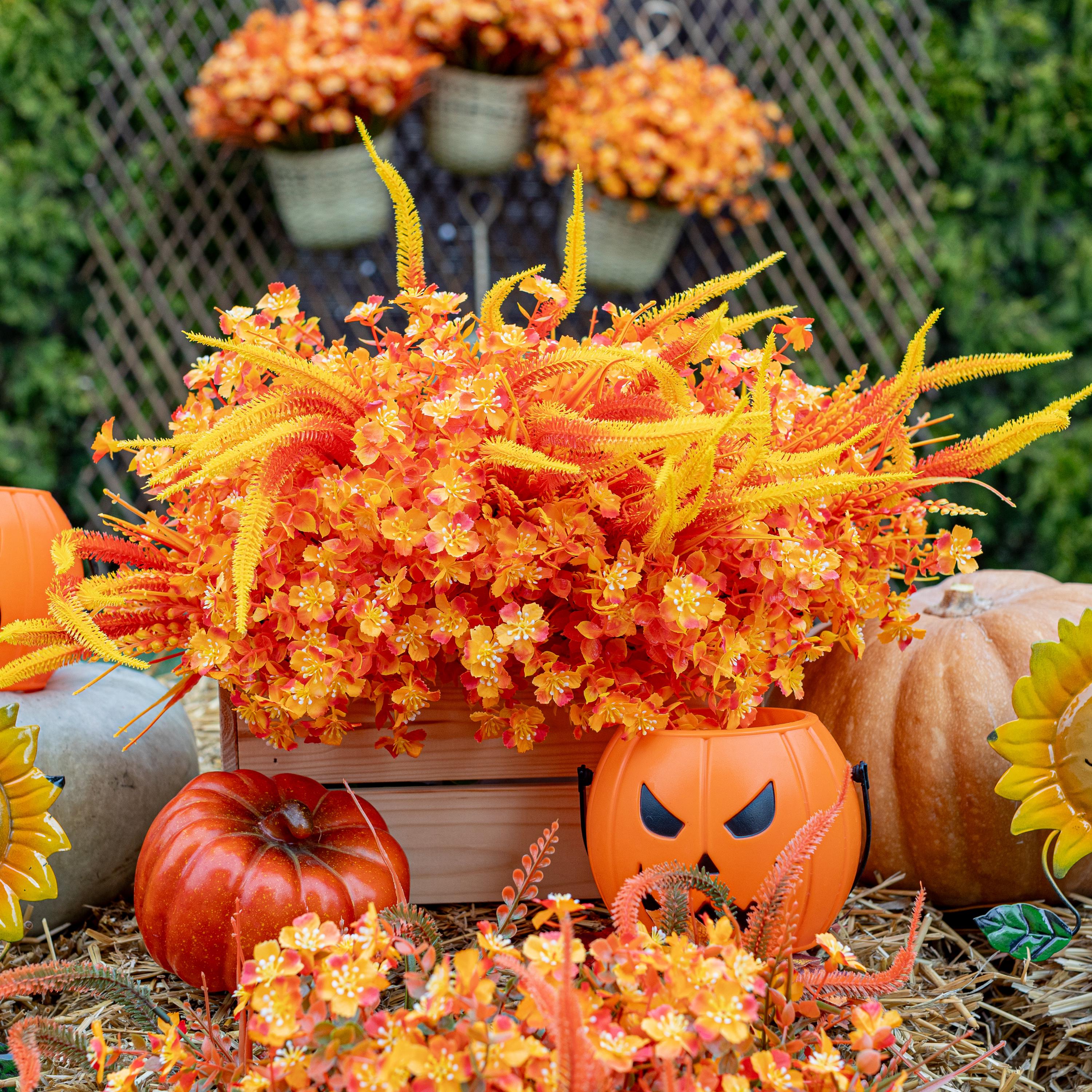 Artificial Mums Flowers: 16 Bundles Orange Yellow Fall Decor