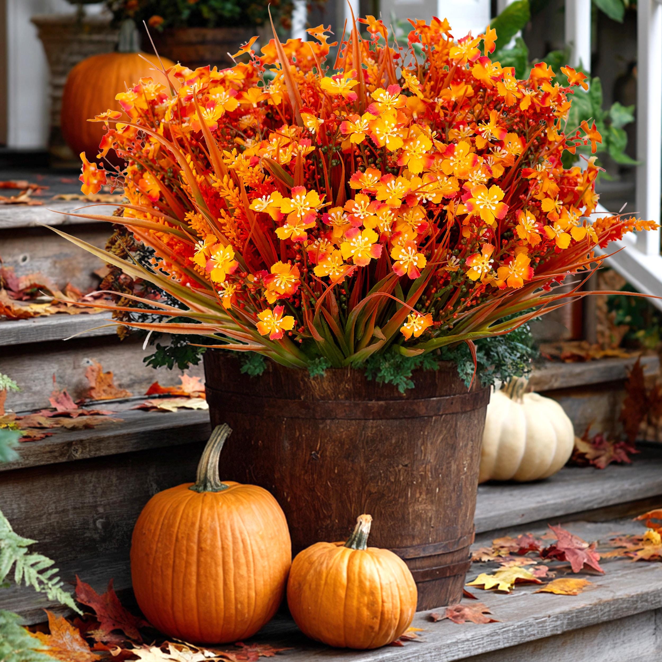 Artificial Mums Flowers: UV Resistant Orange Fall Decor, 16 Bundles