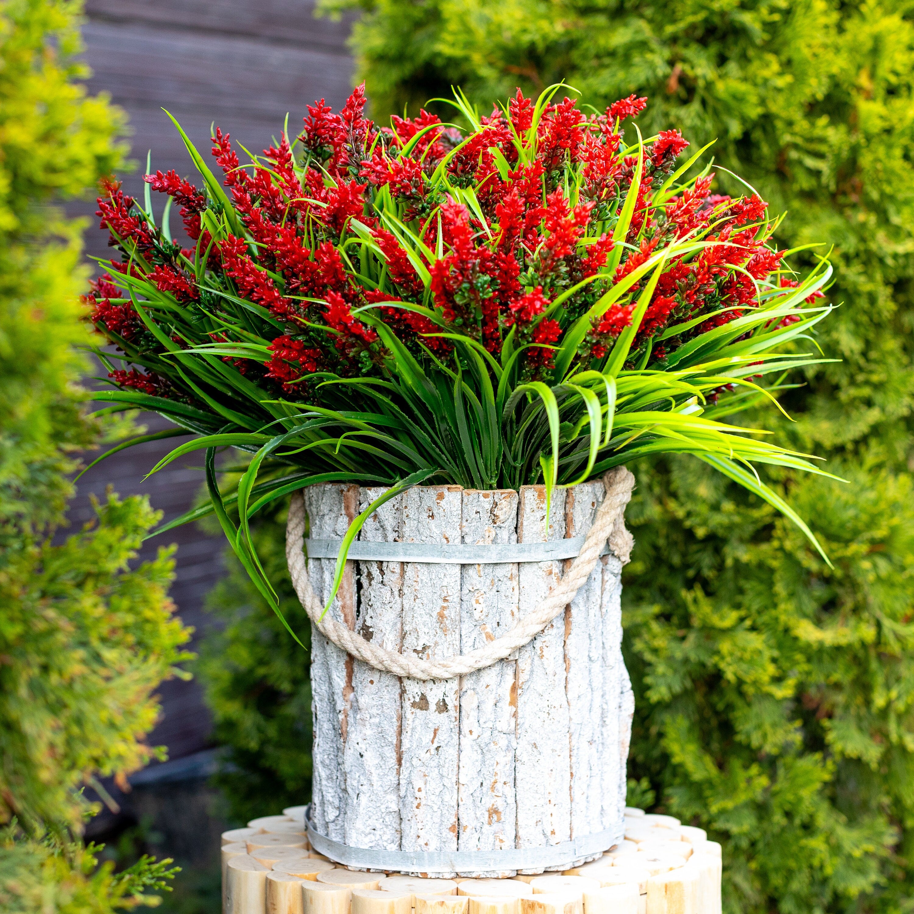 Red Artificial Lavender Flowers: UV Resistant Outdoor Faux Shrubs