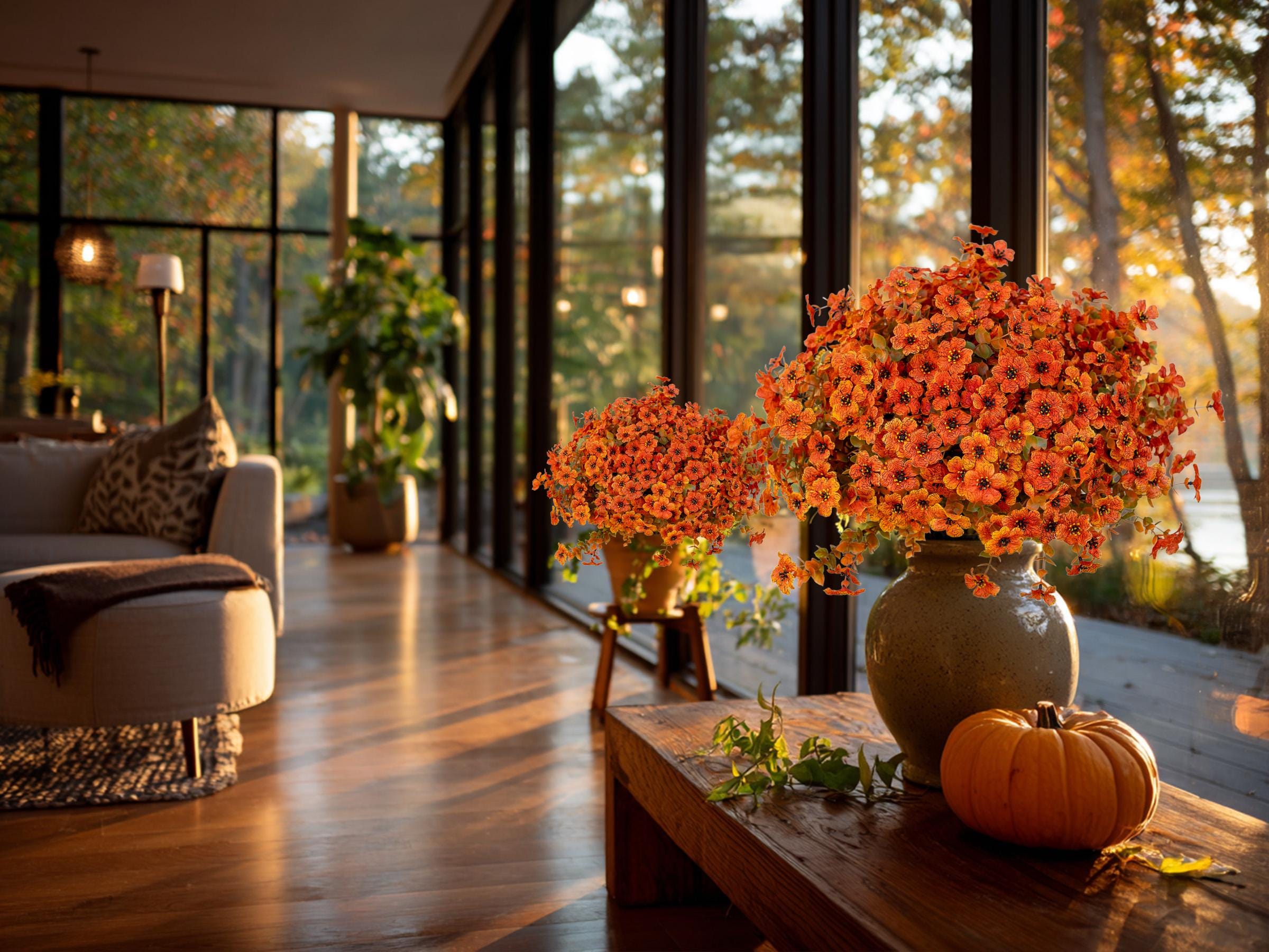 Artificial Mums Flowers: UV Resistant Outdoor Fall Decor - Green & Orange