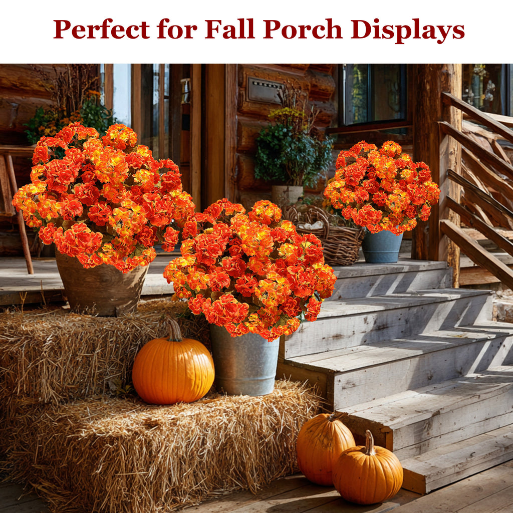 AXYLEX Artificial Geraniums for Outdoors, Fall Orange Yellow Mix 8 bundles UV resistant silk fall geraniums & mums, no fade – porch, patio, window box, garden & home autumn decor