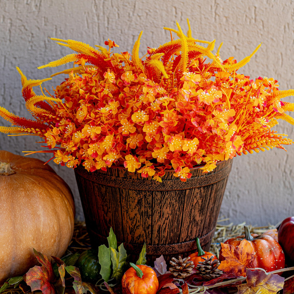 Artificial Mums Flowers: 16 Bundles Orange Yellow Fall Decor