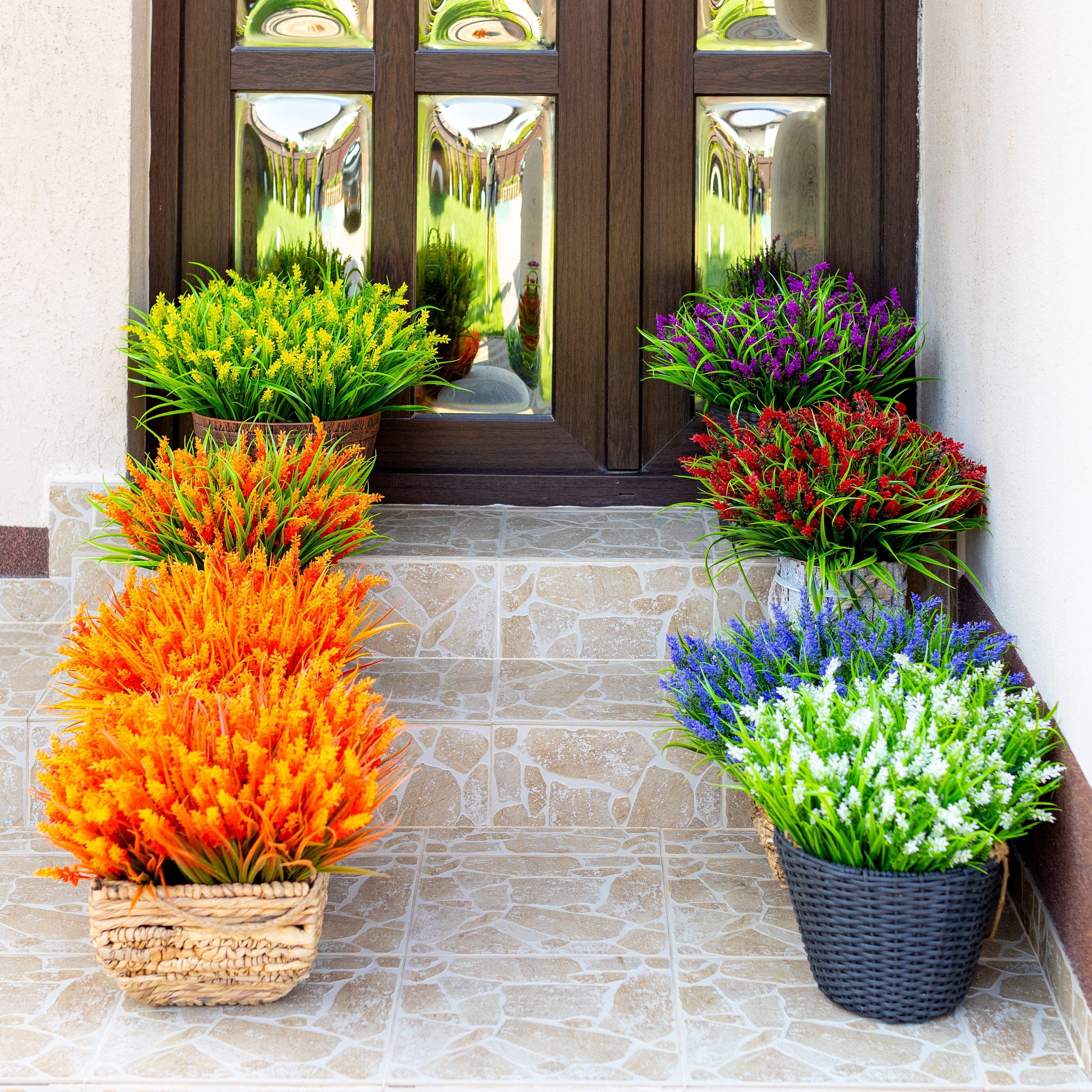 Red Artificial Lavender Flowers: UV Resistant Outdoor Faux Shrubs