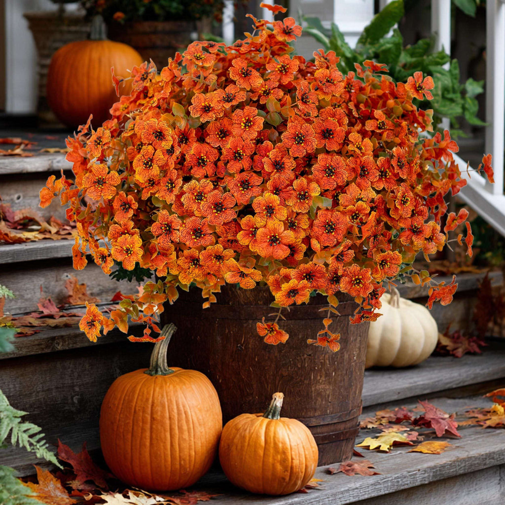 Artificial Mums Flowers: UV Resistant Outdoor Fall Decor - Green & Orange