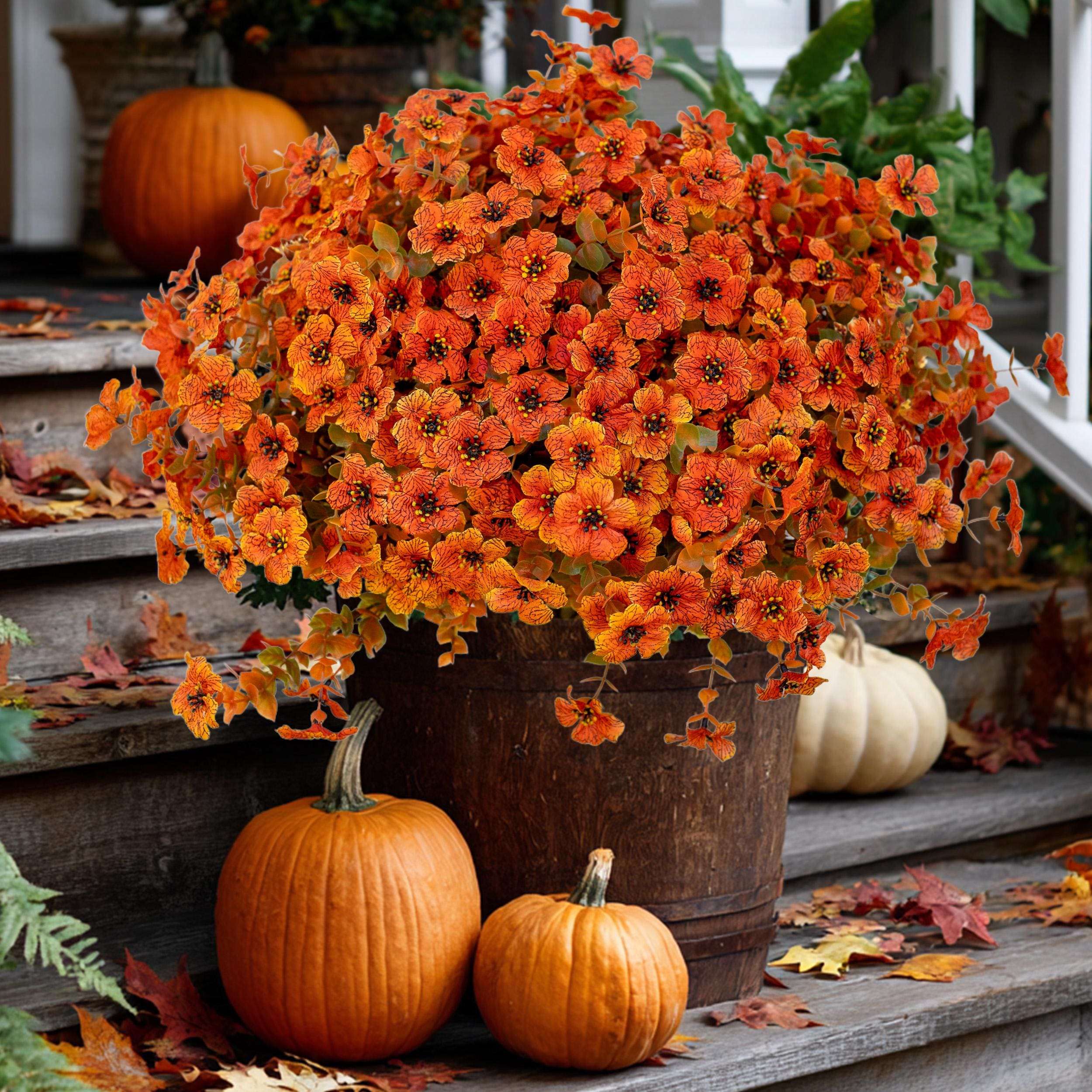 Artificial Mums Flowers: UV Resistant Outdoor Fall Decor - Green & Orange