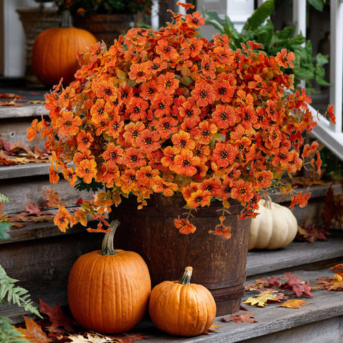 Artificial Mums Flowers: UV Resistant Outdoor Fall Decor - Green & Orange
