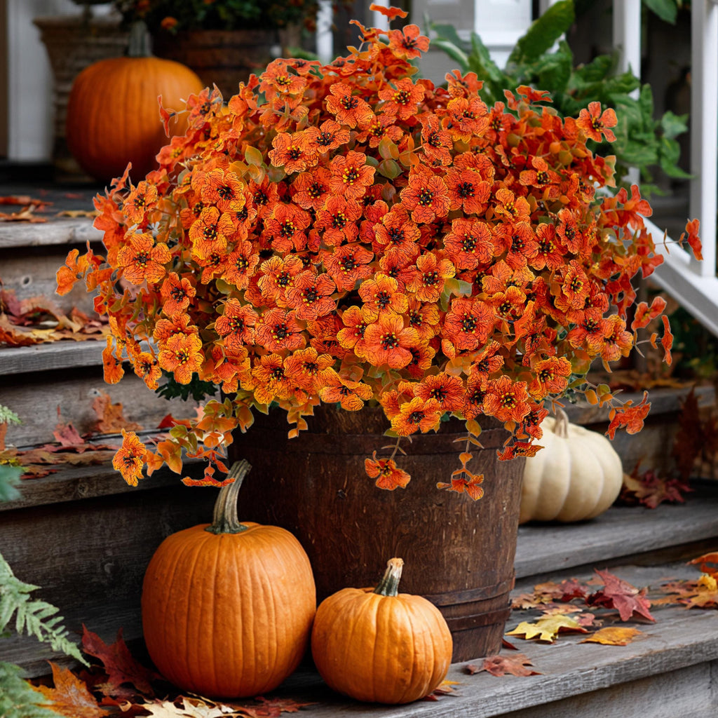 Artificial Mums Flowers: UV Resistant Outdoor Fall Decor - Green & Orange