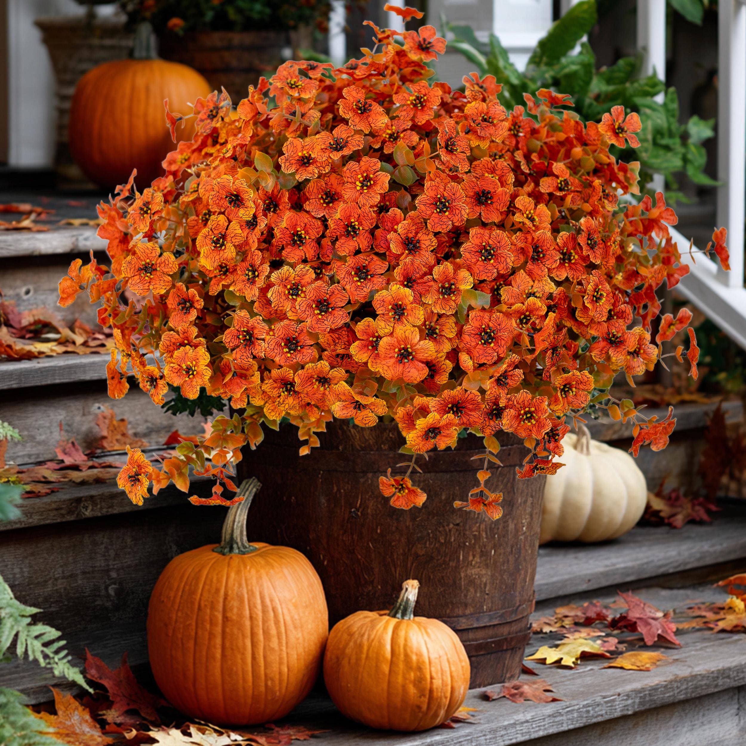 Artificial Mums Flowers: UV Resistant Outdoor Fall Decor - Green & Orange
