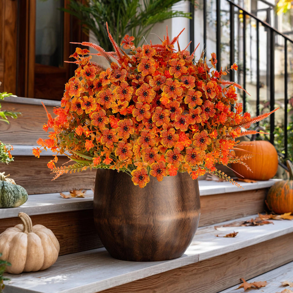 Artificial Mums Flowers: UV Resistant Outdoor Fall Decor - Orange & Green