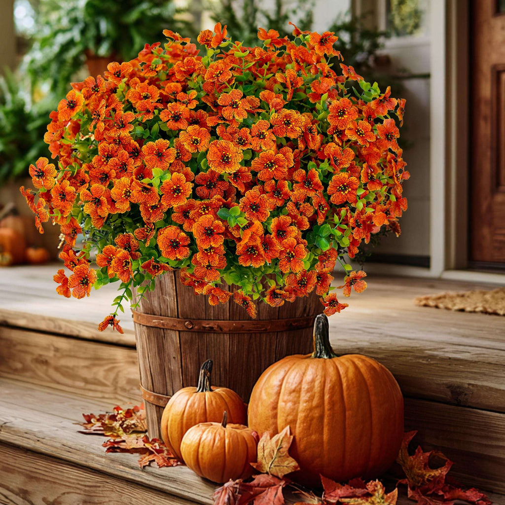 Artificial Mums Flowers: UV Resistant Red-Orange Fall Decor