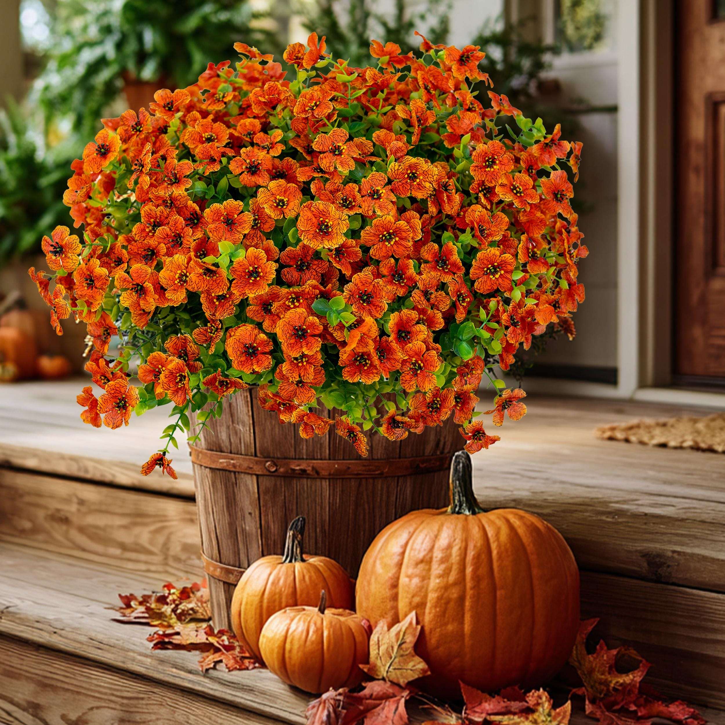 Artificial Mums Flowers: UV Resistant Red-Orange Fall Decor