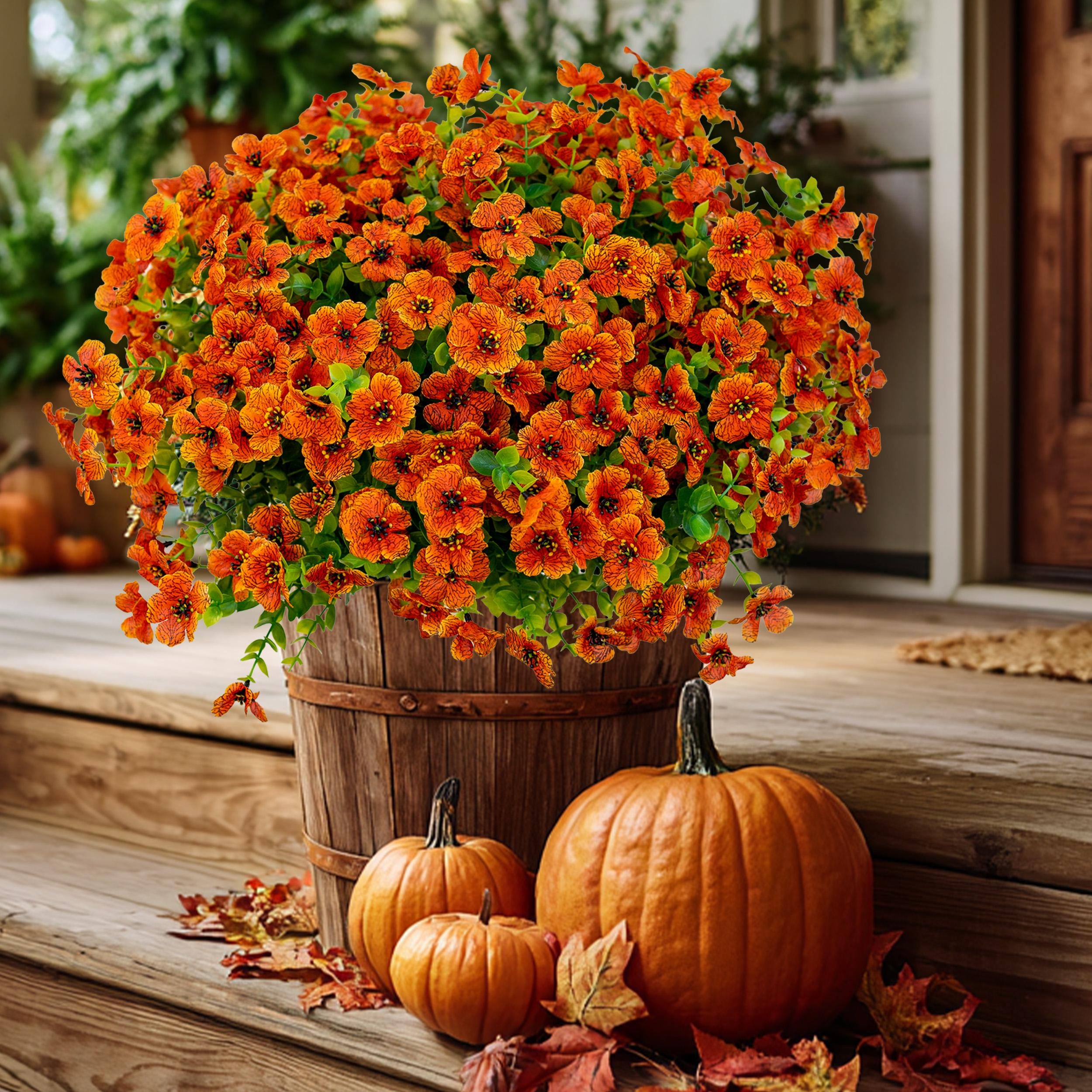 Artificial Mums Flowers: UV Resistant Red-Orange Fall Decor