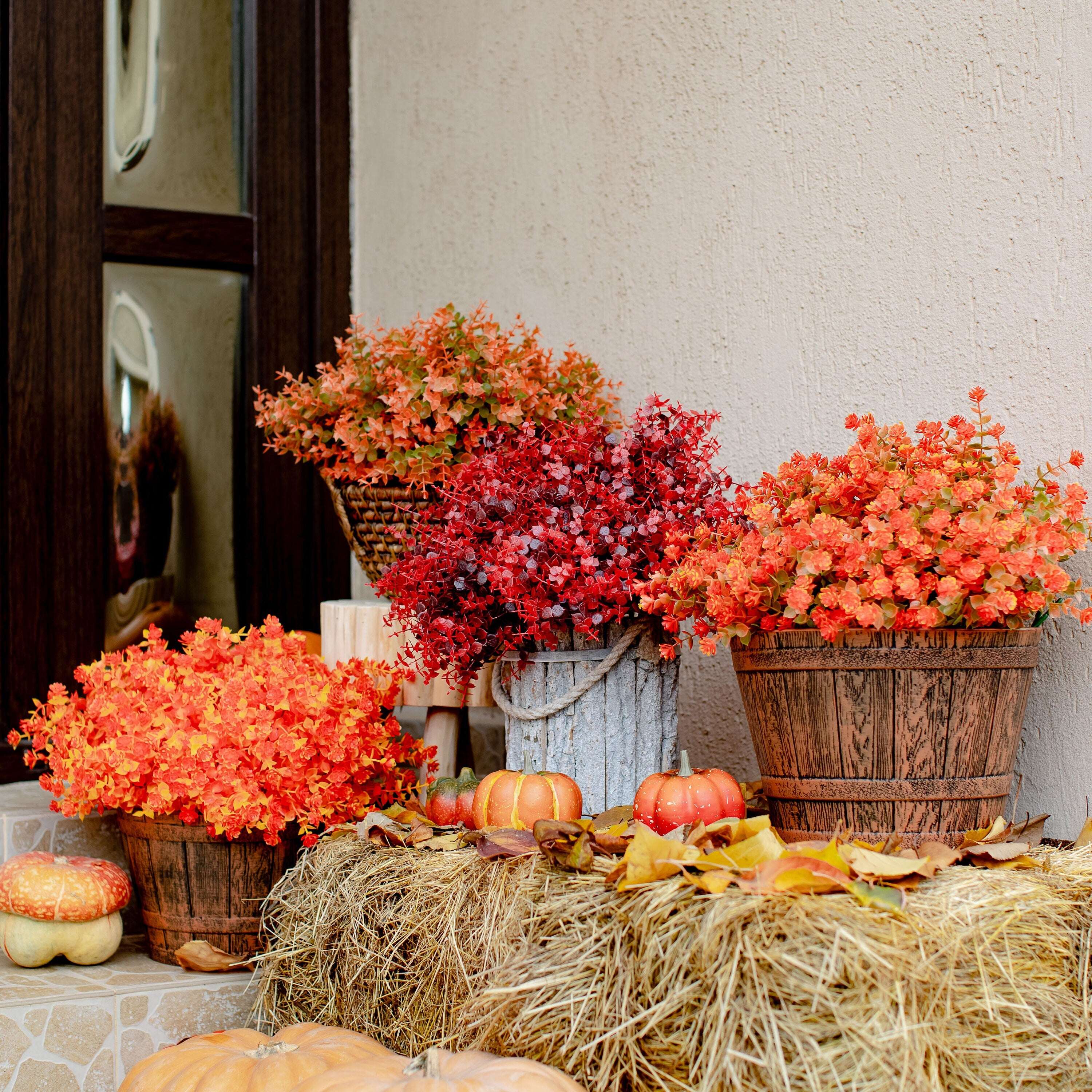 Artificial Mums Flowers: UV Resistant Orange & Yellow Outdoor Plants